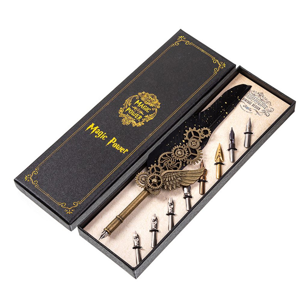 Retro-Federfeder-Dip-Pen-Set, Vintage-Federkiel, Steampunk-mechanischer Stil, Kalligraphie, Schreiben von Unterschriften, mit 8 Ersatzfedern in Ges...