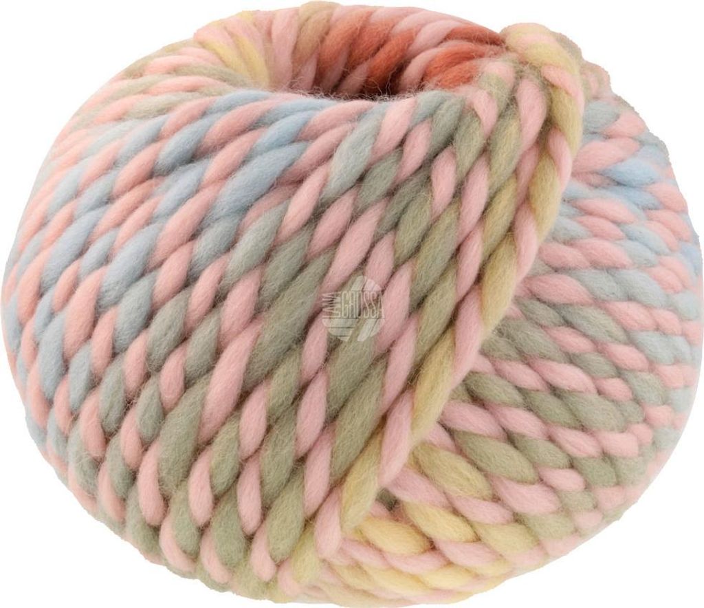 A ball of chunky yarn with a pastel color gradient.