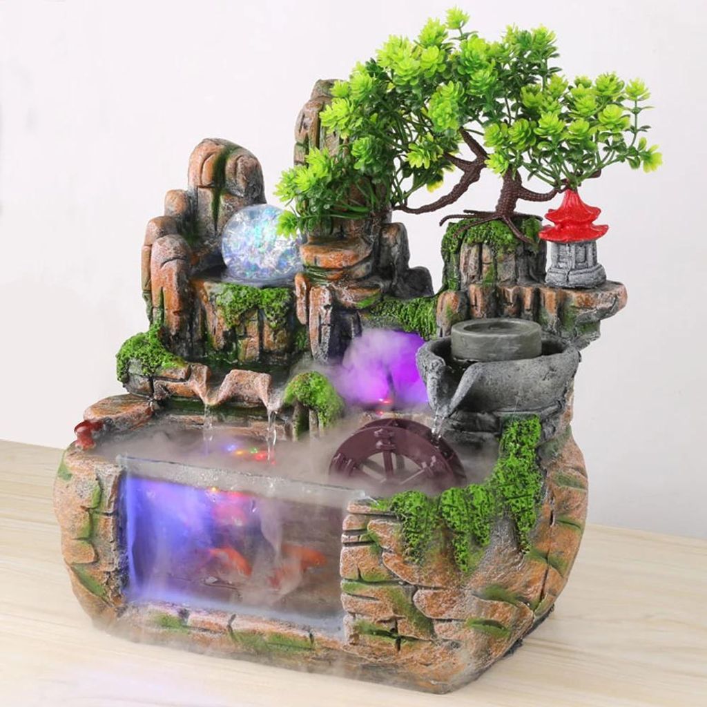 Zimmerbrunnen Tischbrunnen - Felslandschaft Wasserfall - Harz - LED-Licht - 220V - Netzbetrieb - Nebelgenerator - Feng Shui