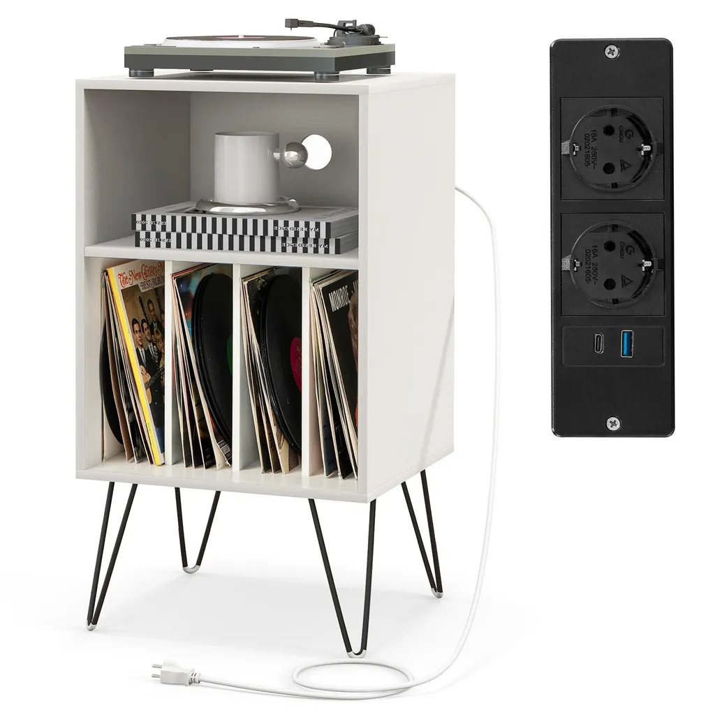 Table pour Vinyles avec Station de Charge et 4 Séparations de Disques