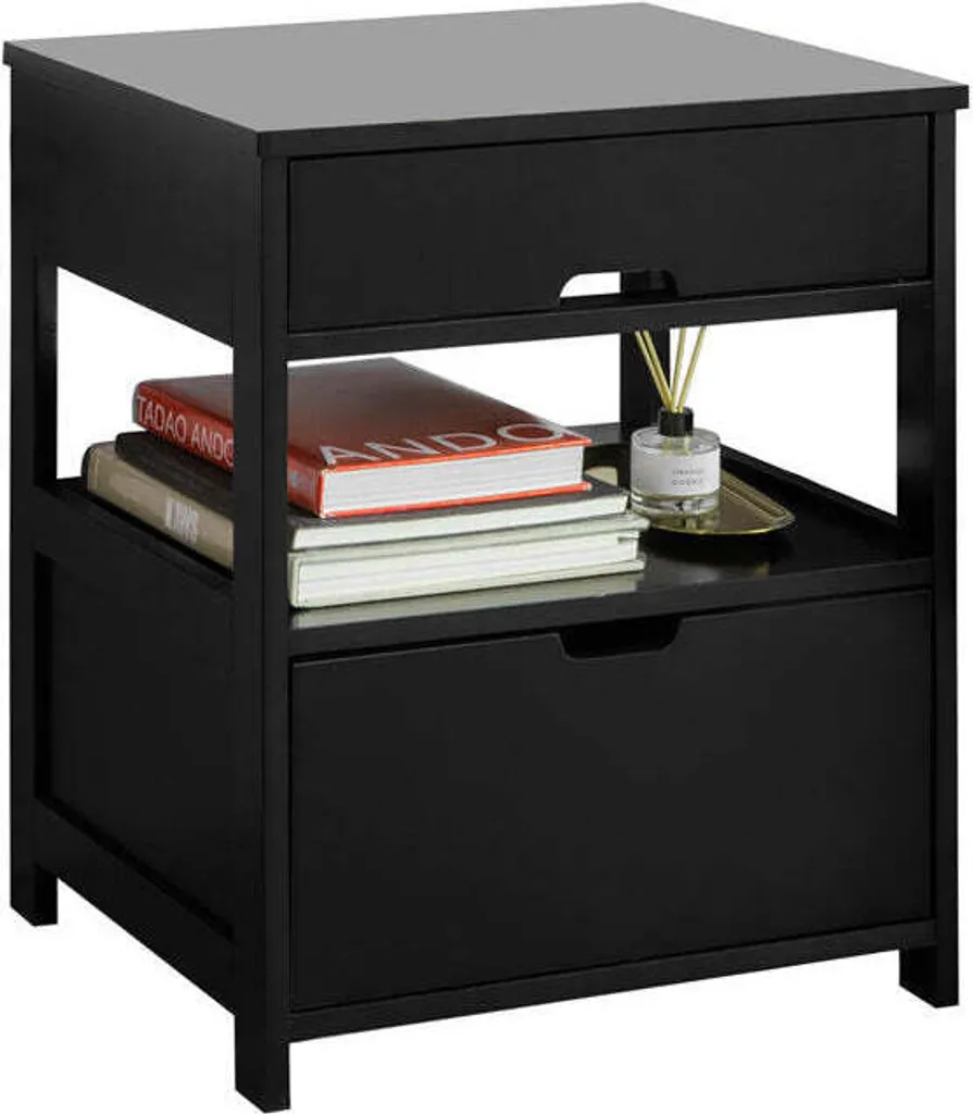 Table de chevet Rootz noire en MDF avec 2 tiroirs et étagères de rangement