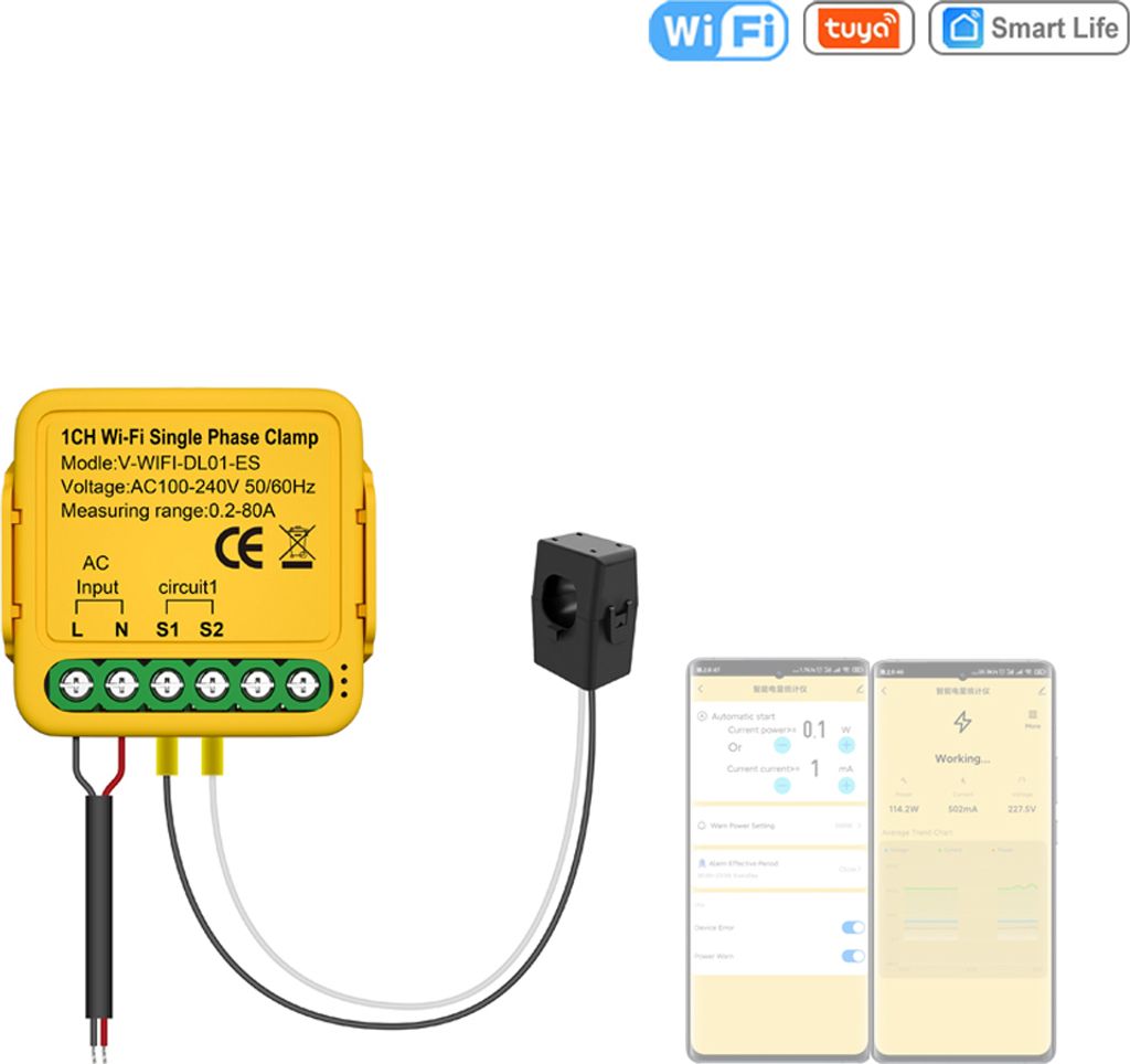 Tuya WiFi Ein-Aus-Controller 80A Energiezaehler Stromwandler Klemme KWh Leistungsmonitor Stromstatistik-ueberwachungsgeraet Kompatibel mit Alexa Go...