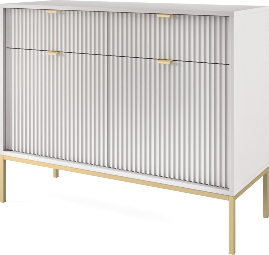 Kommode Zweitürige 100 cm Galla - Sideboard mit Schubladen - Beinen, geriffelten Fronten & goldene Griffe (Grau + Gold)