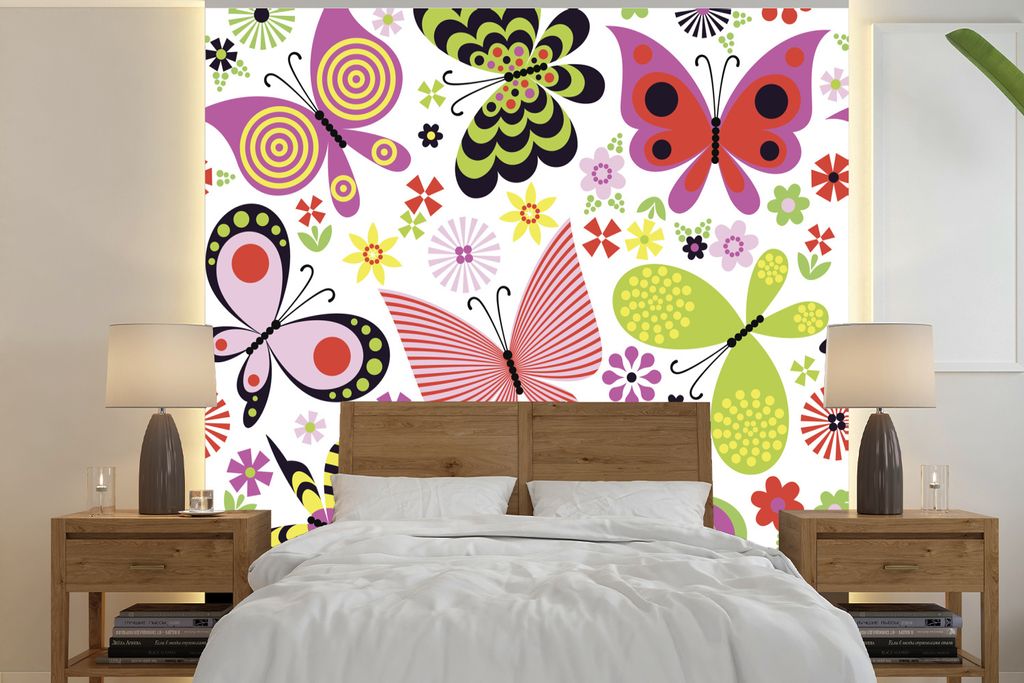 MuchoWow Fototapete für Wohnzimmer oder Schlafzimmer Wandtapete Vinyl Motivtapete Eine Illustration von Schmetterlingen und Blumen - 220x220 cm ...