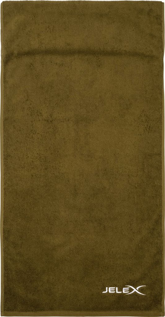 A plain studio shot of a folded olive green towel.