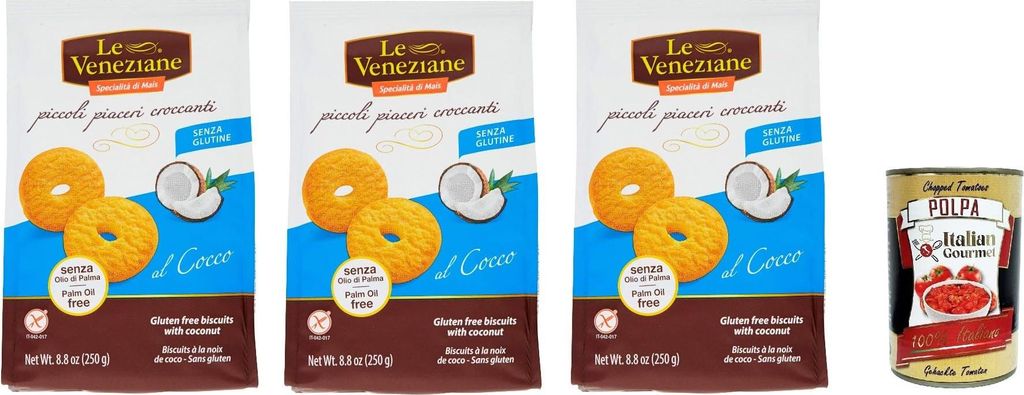 Le Veneziane piccoli piaceri croccanti senza glutine, biscotti al Cocco. Kokoskekse. kuchen gluten free, glutenfrei 3x 250 g + Italian Gourmet polp...