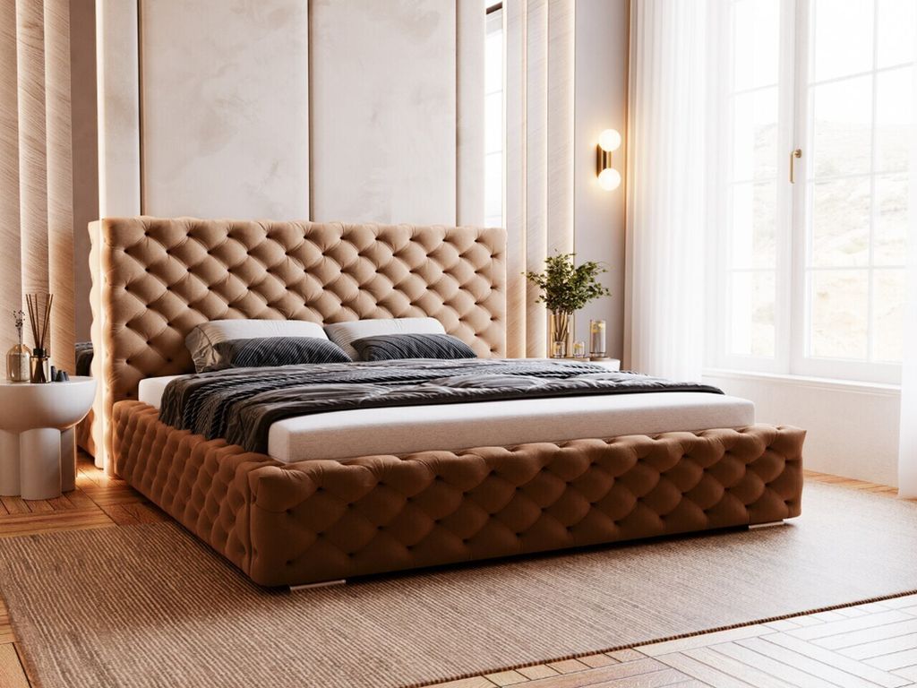 GrainGold Polsterbett Astra 160x200 cm - Bett 160x200, Polsterbett mit Bettkasten & Lattenrost - Braun (Magic Velvet 2214)