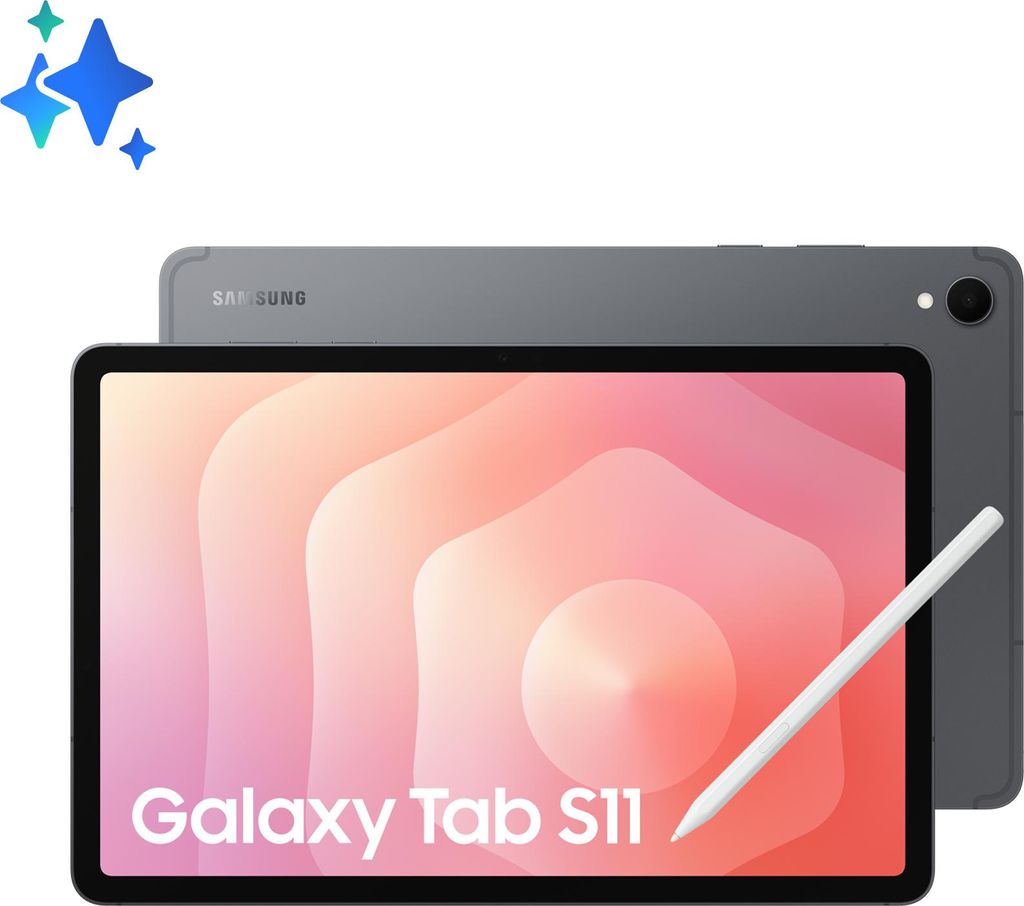 A Samsung Galaxy Tab S11 tablet with a stylus is shown, with a second tablet in the background.