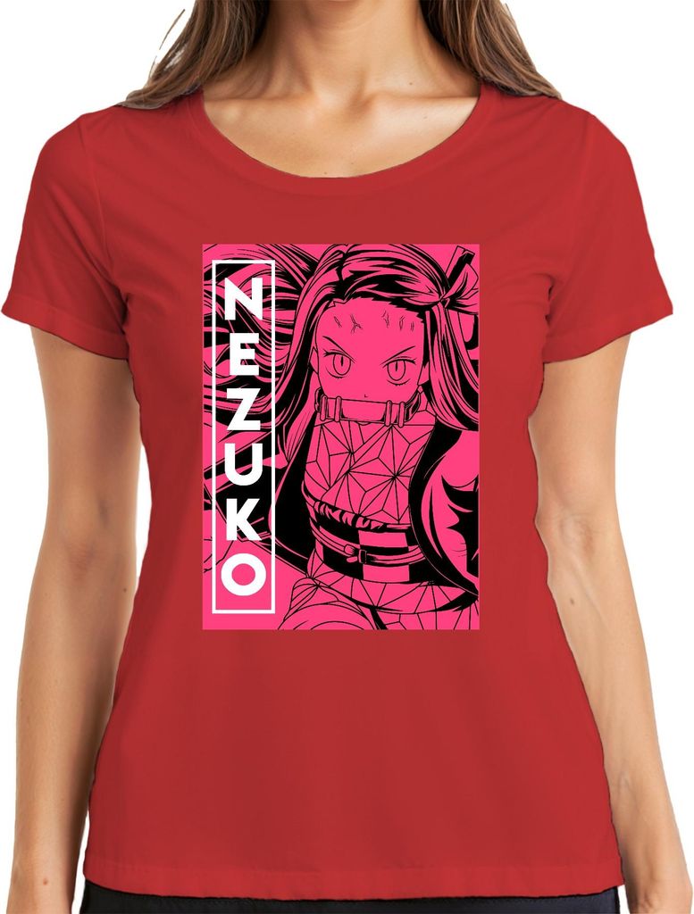 Nezuko Demon Slayer Kimetsu no Yaiba Bambus Beißstück Rosa Damen T-Shirt, Rot, M