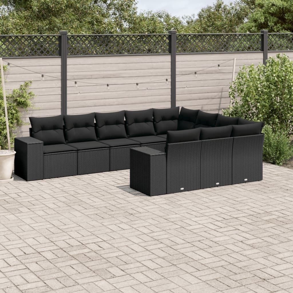 The Living Store 10-tlg. Garten-Sofagarnitur mit Kissen Schwarz Poly Rattan