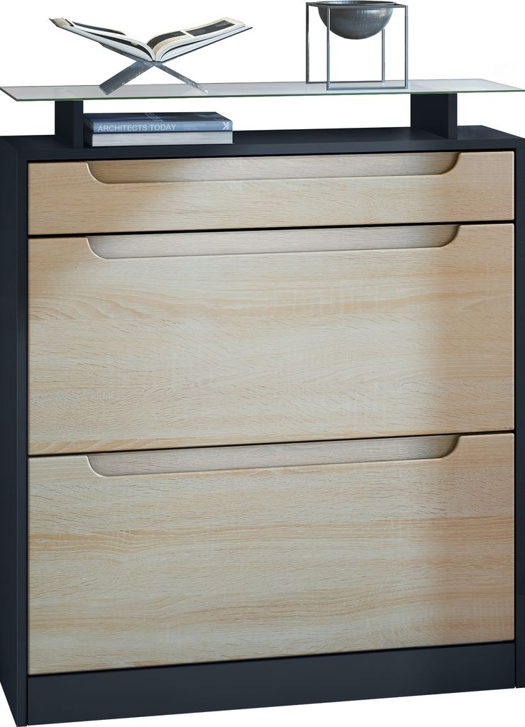 Vladon Schuhschrank Fiesta, Schwarz matt/Eiche sägerau - Schuhkipper für 16 Paar Schuhe (89 x 104 x 23 cm)