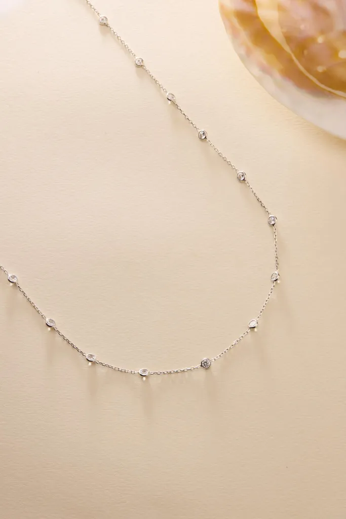 Collier en argent 925 avec zircons blancs et rhodium, longueur 85 cm