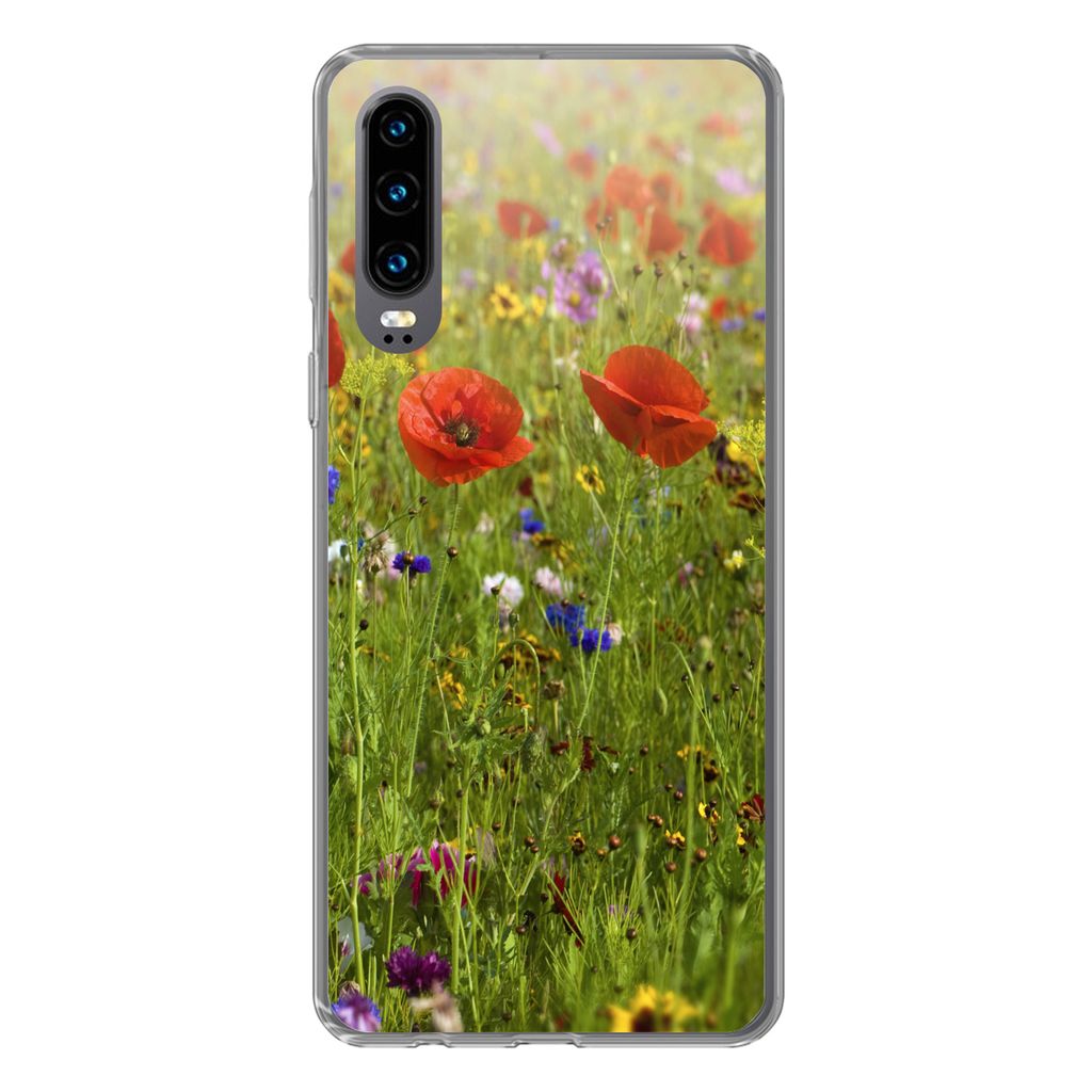 MuchoWow Handyhülle Schutzhülle Hülle für Huawei P30 Frühling - Blumen - Rot - Mohn - Gras - Grün Silikon Softcase Handy Hülle - Kartenbes...