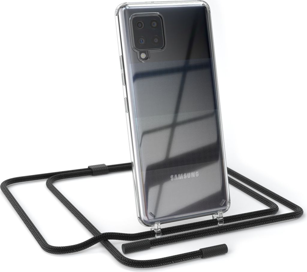 EAZY CASE Handykette für Samsung Galaxy A42 5G, Clear Case aus Silikon, mit Umhängeband, abnehmbare Endstücke, Handyband in Schwarz