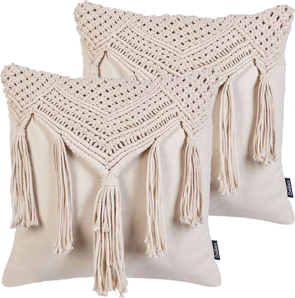 BELIANI Dekokissen 2er Set Beige aus Baumwolle 45 x 45 cm Makramee Design mit Fransen Boho Stil Modern für Wohnzimmer Schlafzimmer Sofa Sessel Bett