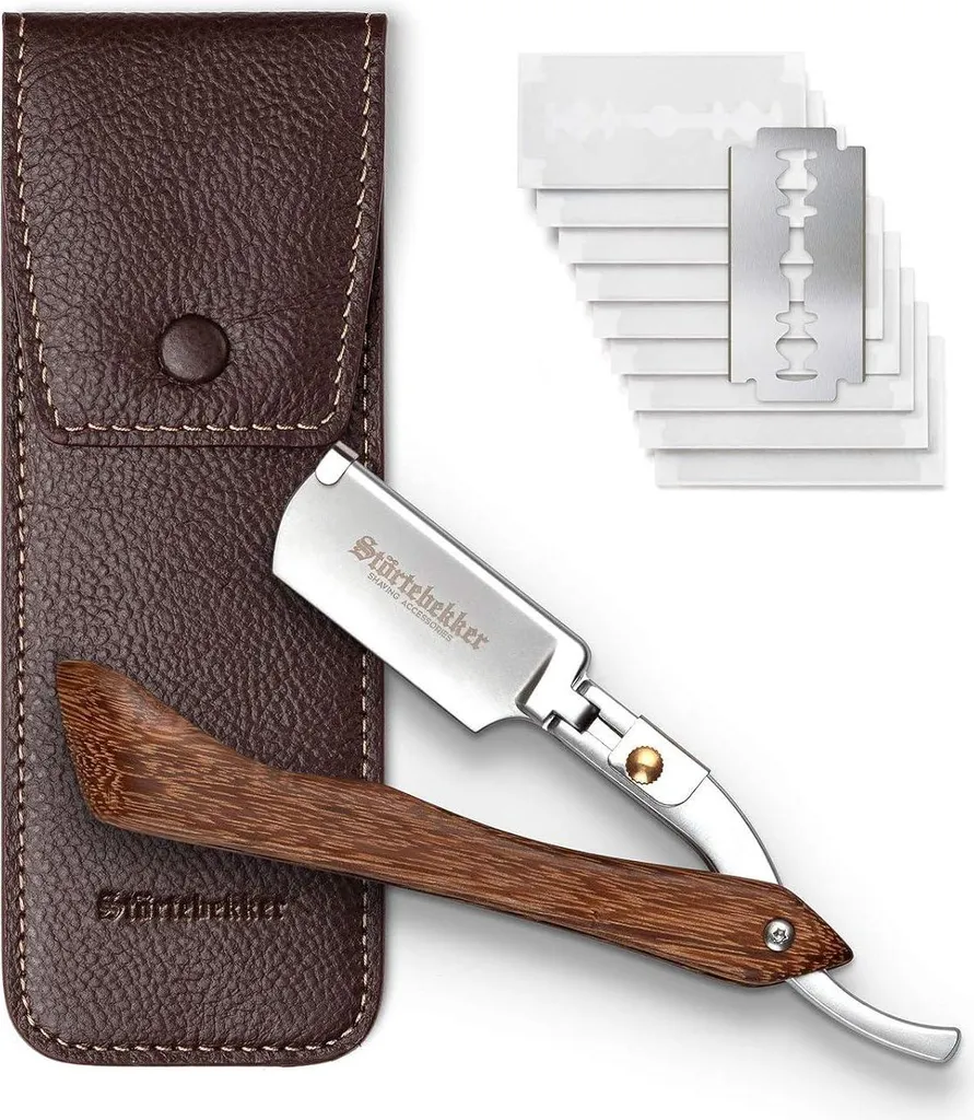 Rasoio Störtebekker Legno e Pelle | Set Barba con 10 Lamette Café