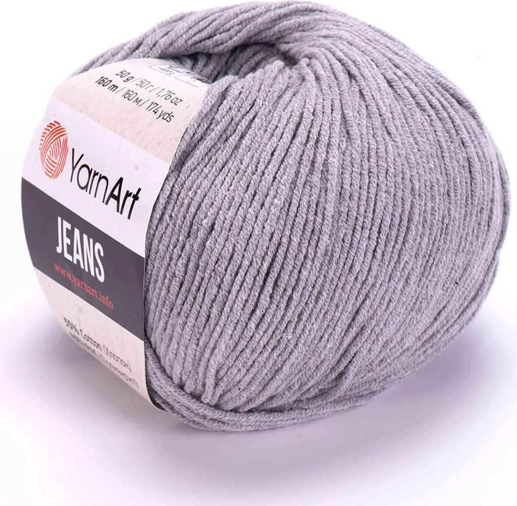 A ball of grey yarn with a label.