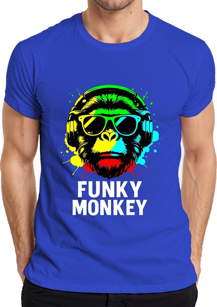Funky Affe Kopfhörer Sonnenbrille Musik DJ Retro Bunt Streetwear Herren T-Shirt, Blau, 3XL