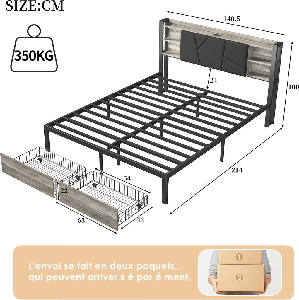 Modernes Polsterbett - Doppelbettgestell 140x200 cm - Mit Schubladen - LED-Beleuchtung - Kunstleder - USB-Ladeanschluss - Schwarz