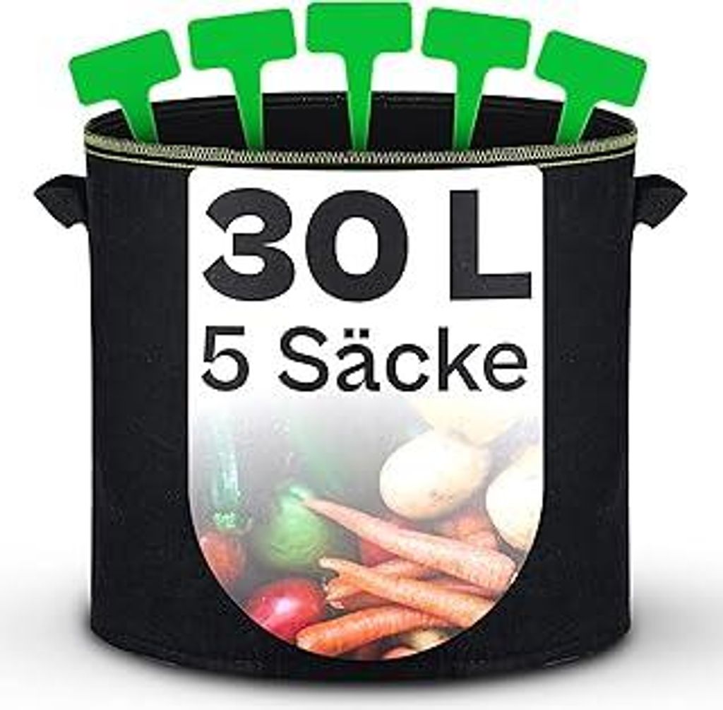 Praknu Pflanzsack 30l - 5 STK aus Vliesstoff mit Pflanzenschilder zum Beschriften - mit Griff - Für Gemüse, Pflanzen & Blumen - Stofftöpfe - Gro...