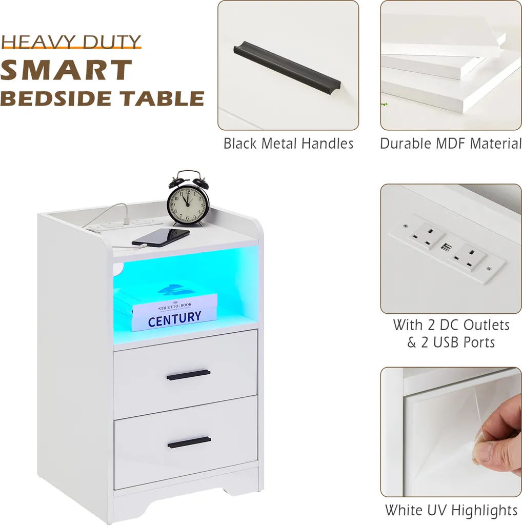 Table de nuit LED avec prise de recharge USB, meuble de chambre blanc