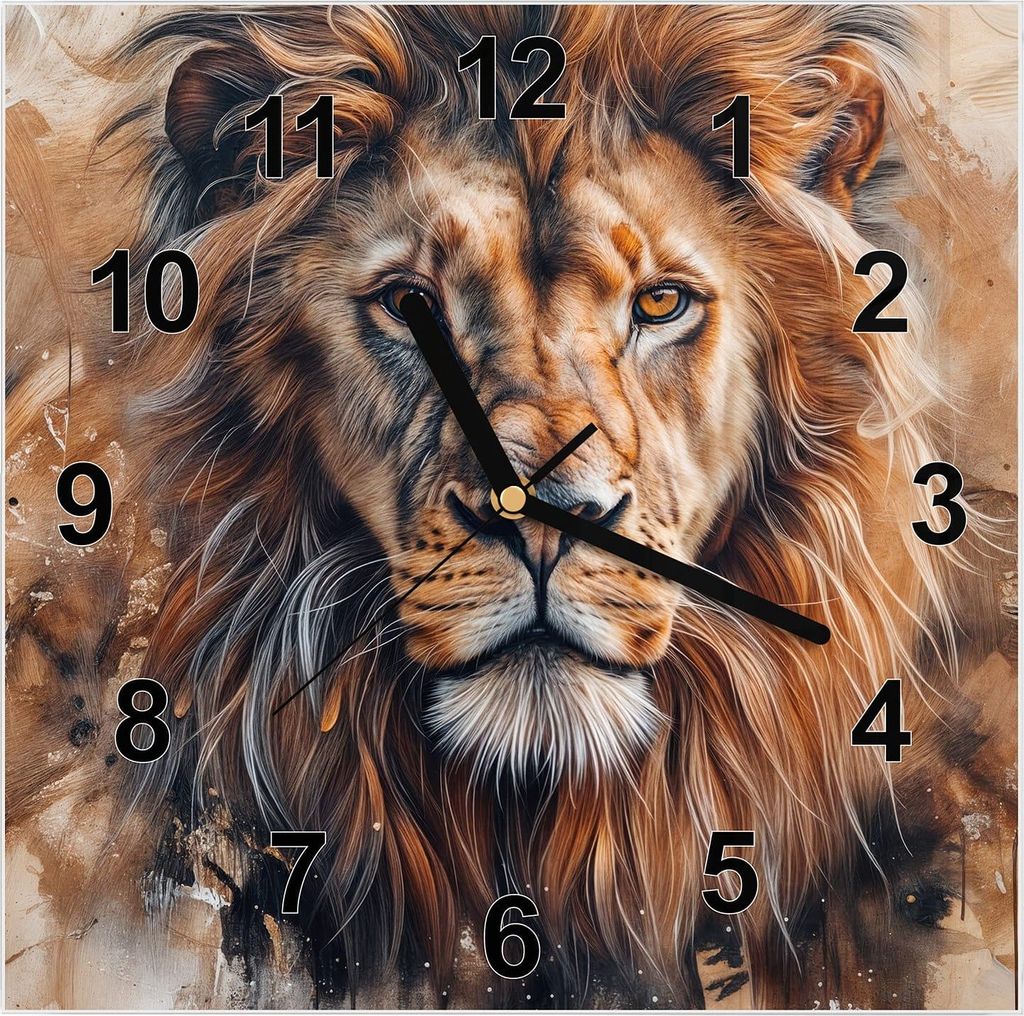 Wanduhr aus Glas mit Motiv Löwe Porträt- 30 x 30 cm - inkl. Produktbild 