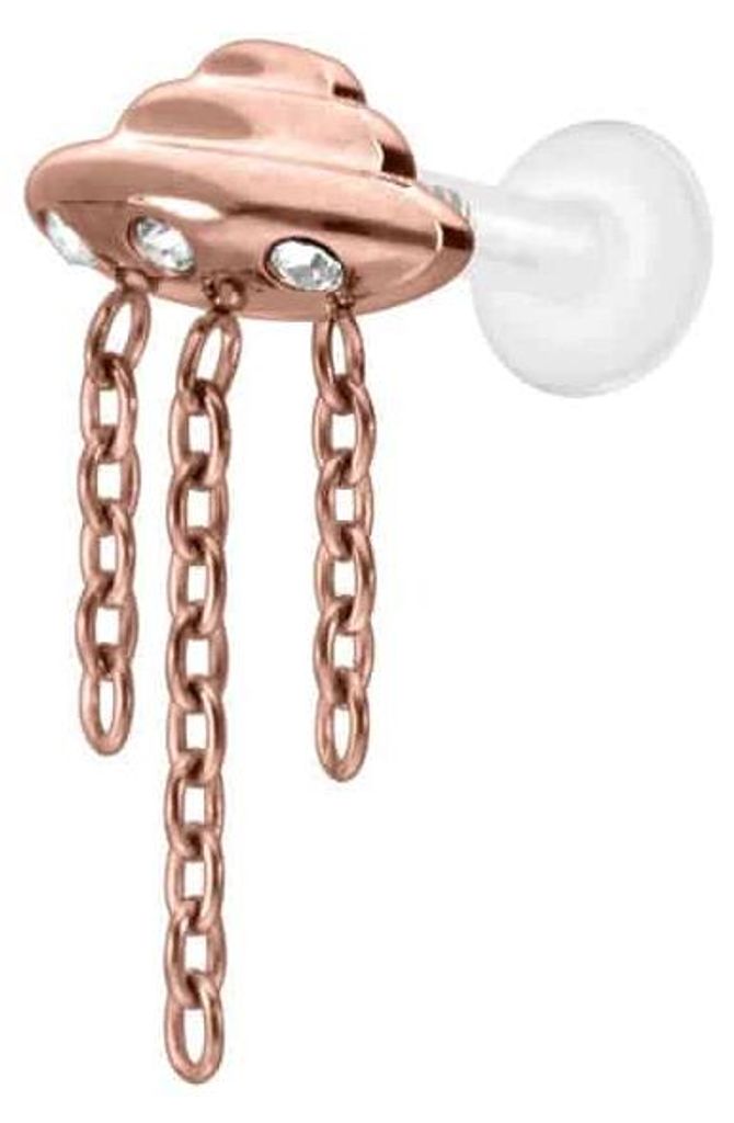 Ohrpiercing, Nasenpiercing PTFE Labret mit Innengewinde + Titan-Aufsatz UFO + KETTEN + KRISTALLE RoséGold Stablänge: 6mm | Stabstärke: 1,6mm