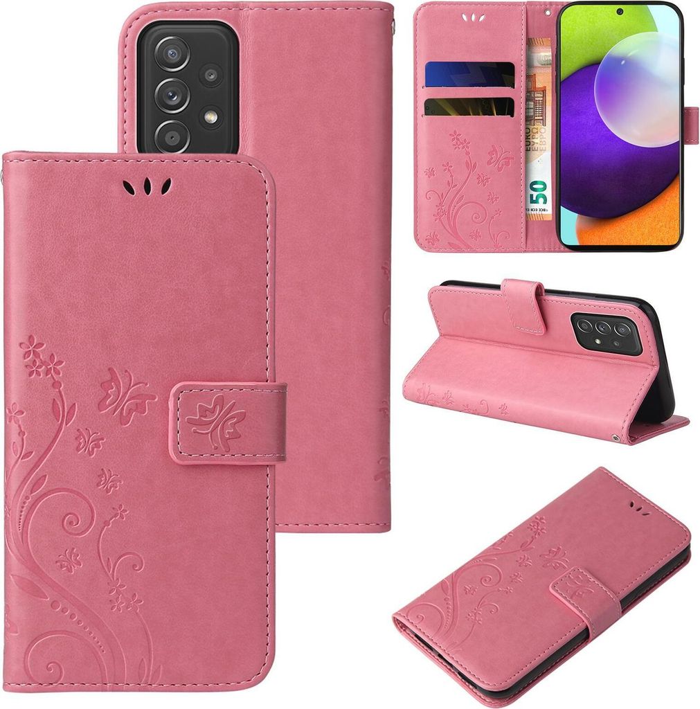 Multiple views of a pink floral butterfly embossed flip phone case for a Samsung Galaxy A52 series phone.