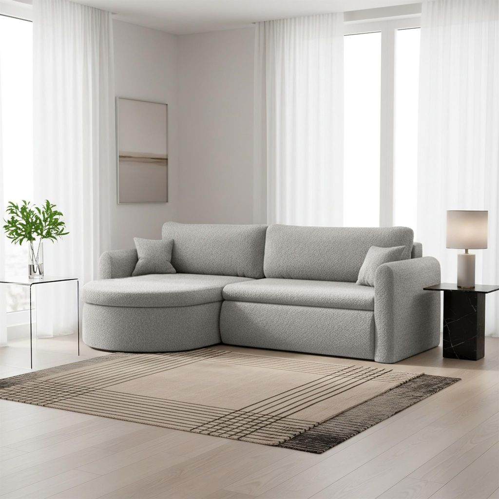 Ecksofa Schlafsofa FELIZ Stoff Quelle Hellgrau Ottomane Links