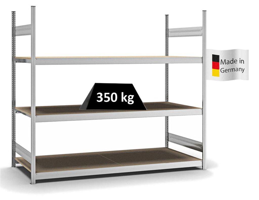 PROREGAL Weitspannregal Stecksystem MAGNUS Germany | HxBxT 200x225x80cm | 3 Ebenen | Spanplatten-Fachboden | Fachlast 350kg | Verzinkt