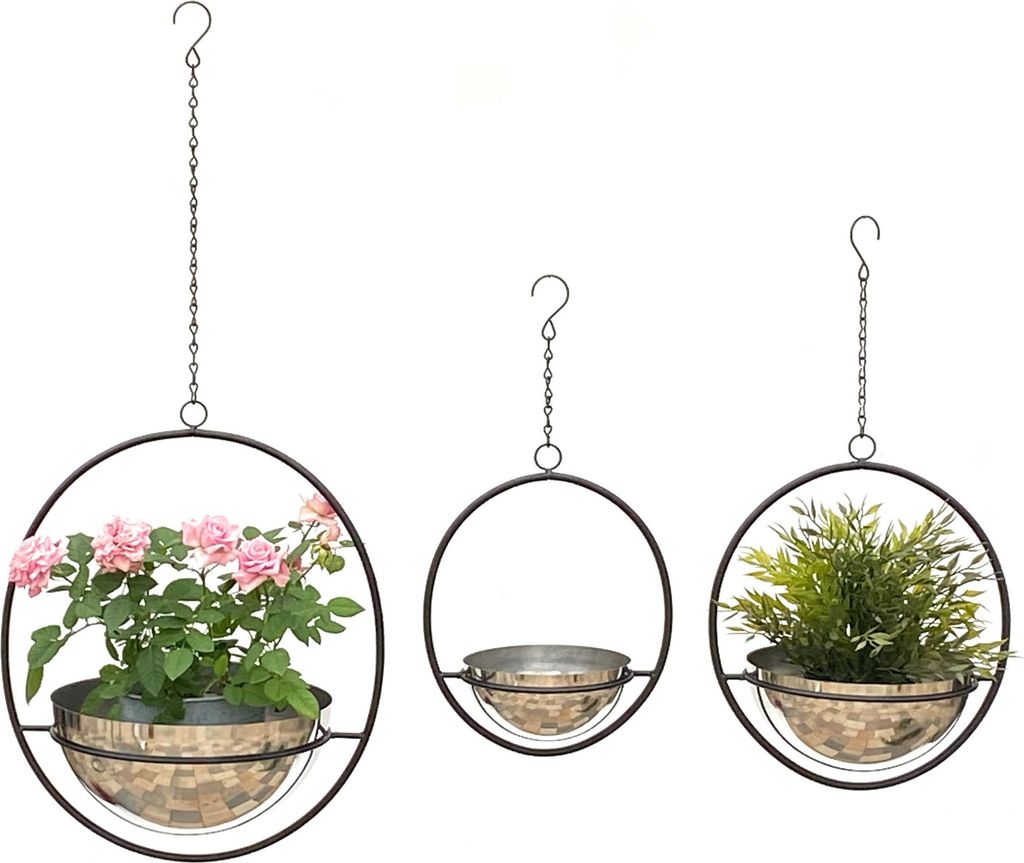 DanDiBo Blumenampel Innen Metall Wand Hängepflanzen 96087 3er Set mit Topf Silber Pflanzenhänger Blumenhänger Topfhänger Blumen Blumentopfhäng...