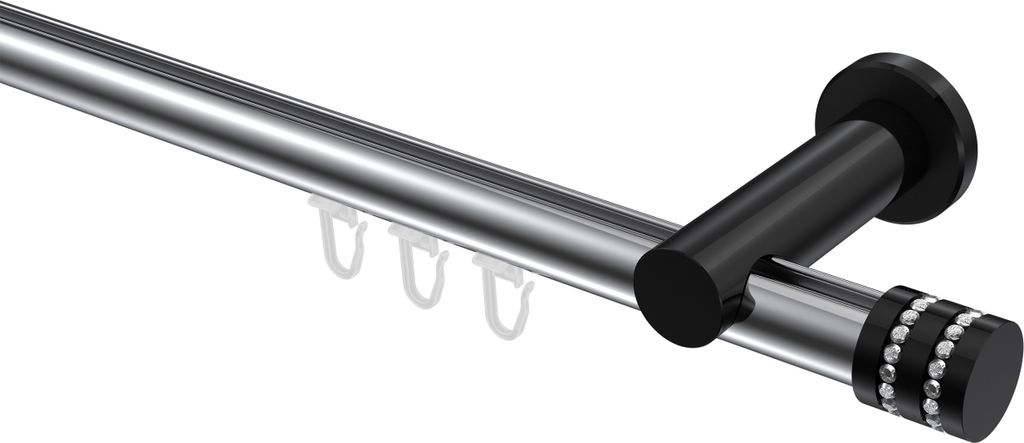 Interdeco Innenlaufstange / Gardinenstange mit Innenlauf Chrom / Schwarz, Typ Platon Estana (Glitzerkappe), 20 mm Ø 1-läufig, 120 cm