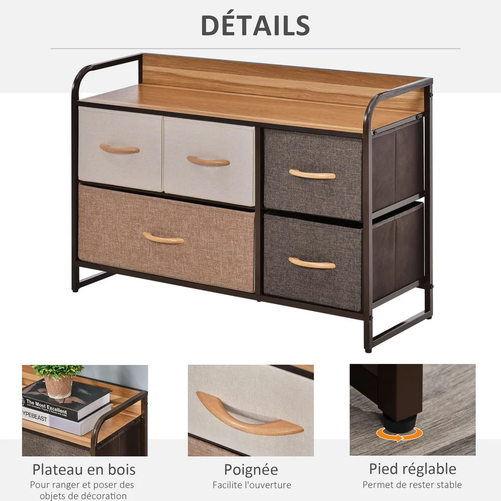 HOMCOM Commode de Rangement 5 Tiroirs en Tissu 88cm Marron et Beige