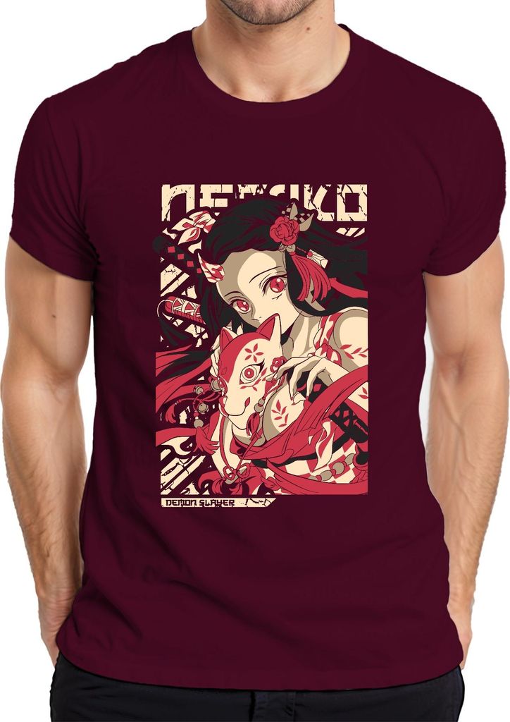 Demon Slayer Nezuko Kitsune Maske Anime Geschenk Japan Y2K Streetwear Manga Herren T-Shirt, Burgundy, 3XL