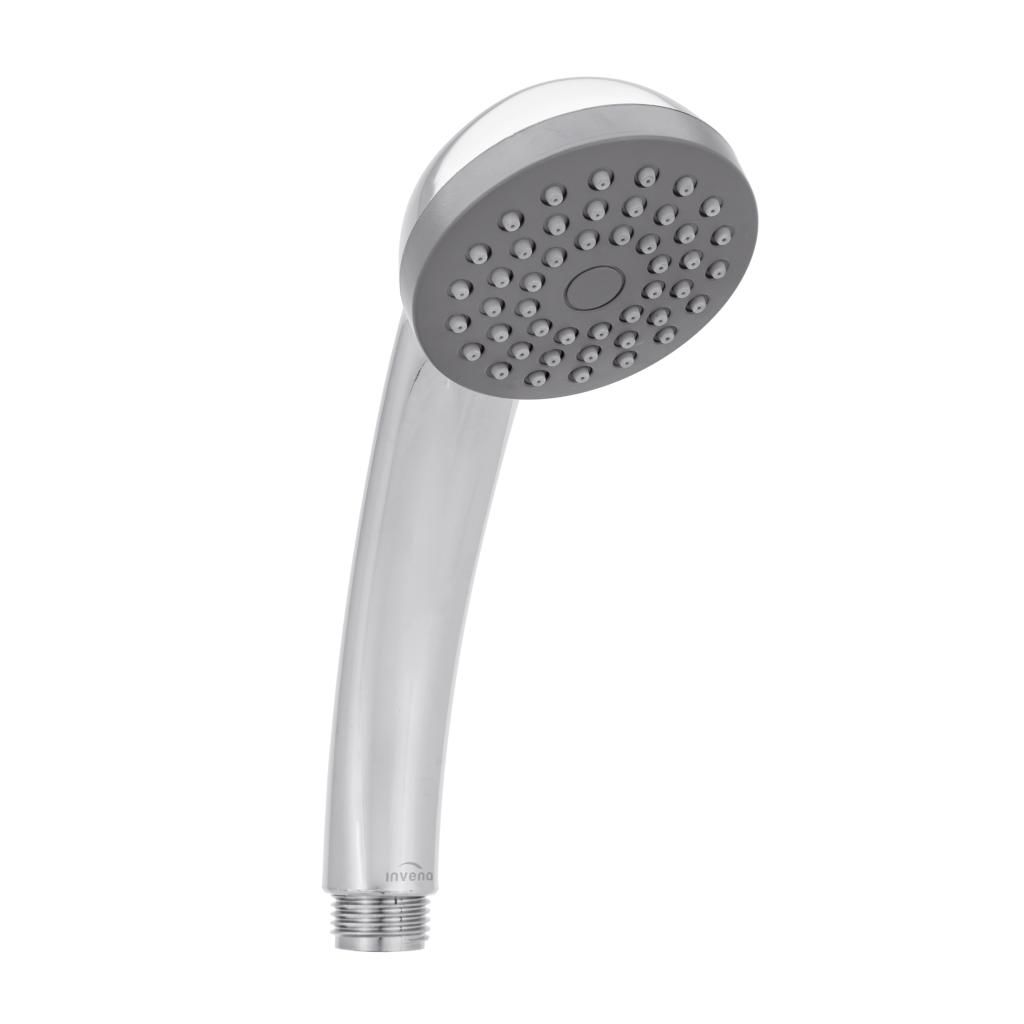 A silver and gray shower head on a white background.