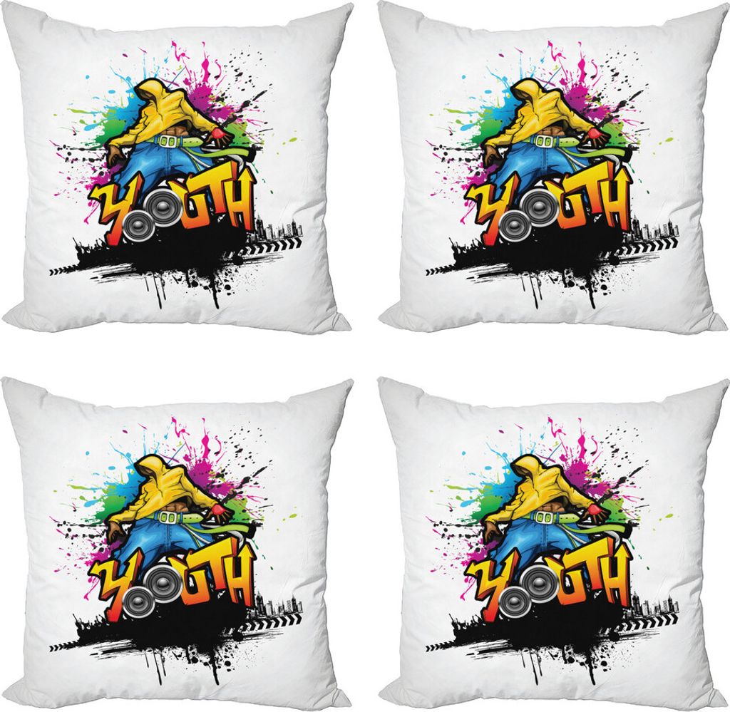 ABAKUHAUS Jugend Kissenbezug Set (4 Stück), Junger Mann Hip Hop Kultur, Moderner Doppelseitiger Digitaldruck, 45 cm x 45 cm, Mehrfarbig
