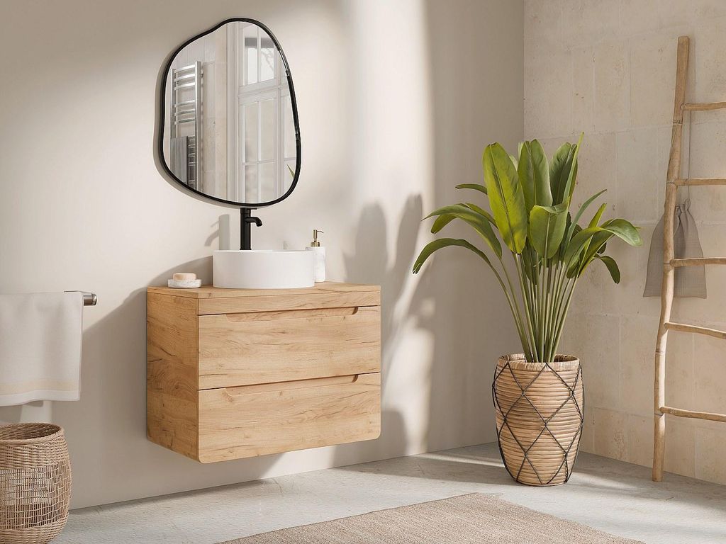 Badezimmer-Wandschrank mit rundem Sockelwaschtisch - Natur - 80 cm - ARUBA