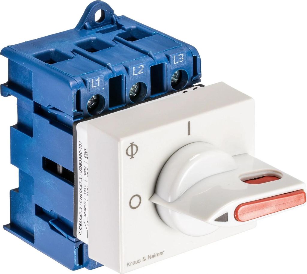 Kraus & Naimer Hauptschalter, 3-polig, 45 mm Schnappschienenbefestigung, Ith=40 A, P=20 kW (AC23B, 400 V AC), 25 mm², 1 Stk.