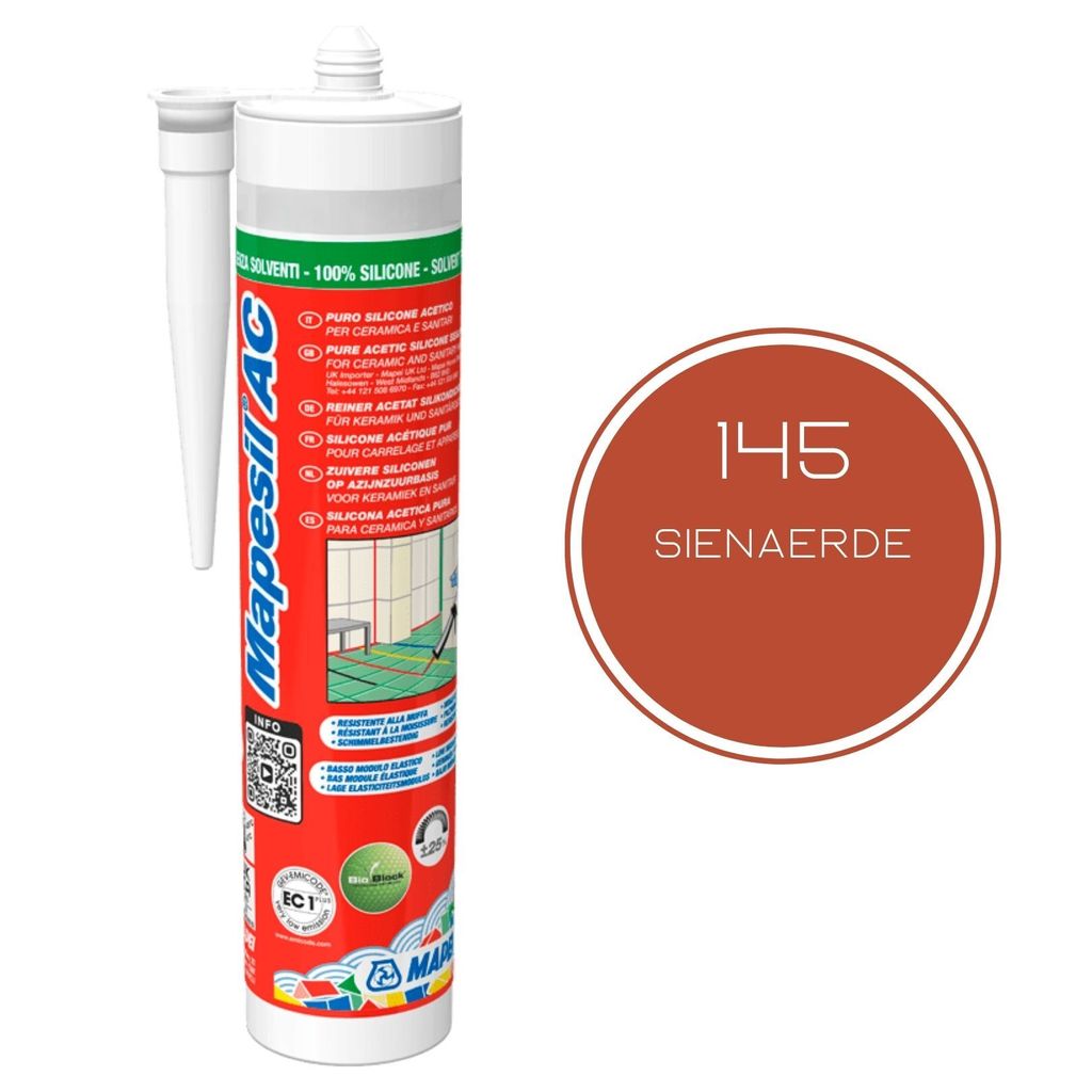 A product shot of a tube of silicone sealant next to a color swatch.