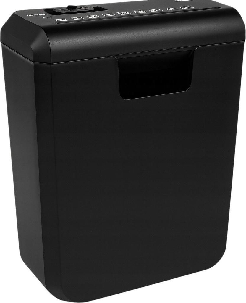 A black paper shredder is shown from a three-quarter angle against a white background.