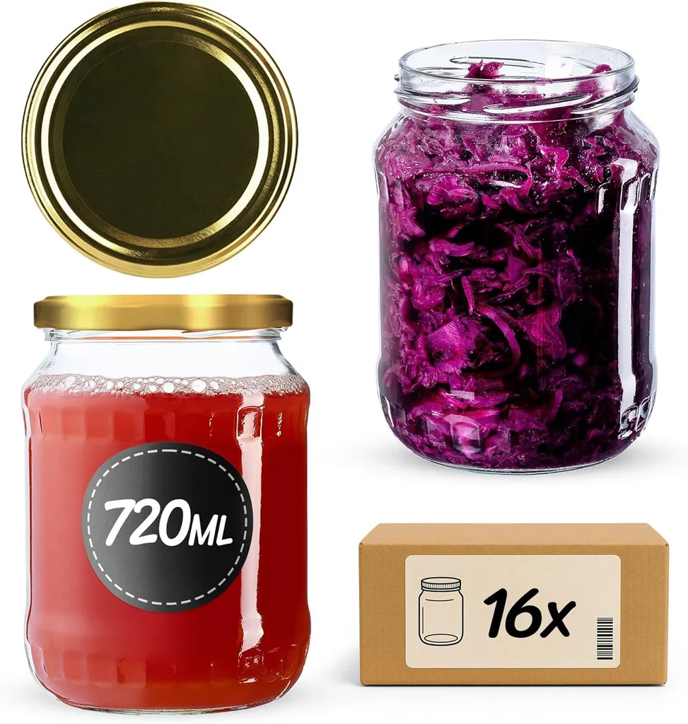 Barattoli da conserva KADAX con coperchio "Jukka", barattoli per marmellata, barattoli da conserva, 720 ml, oro, 16 pezzi