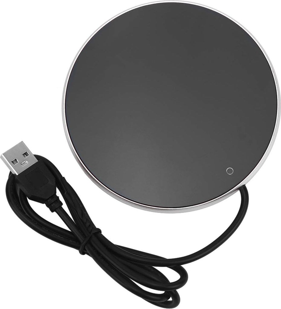 A top-down view of a black, circular USB-powered mug warmer with a silver rim, and a black USB cable attached.