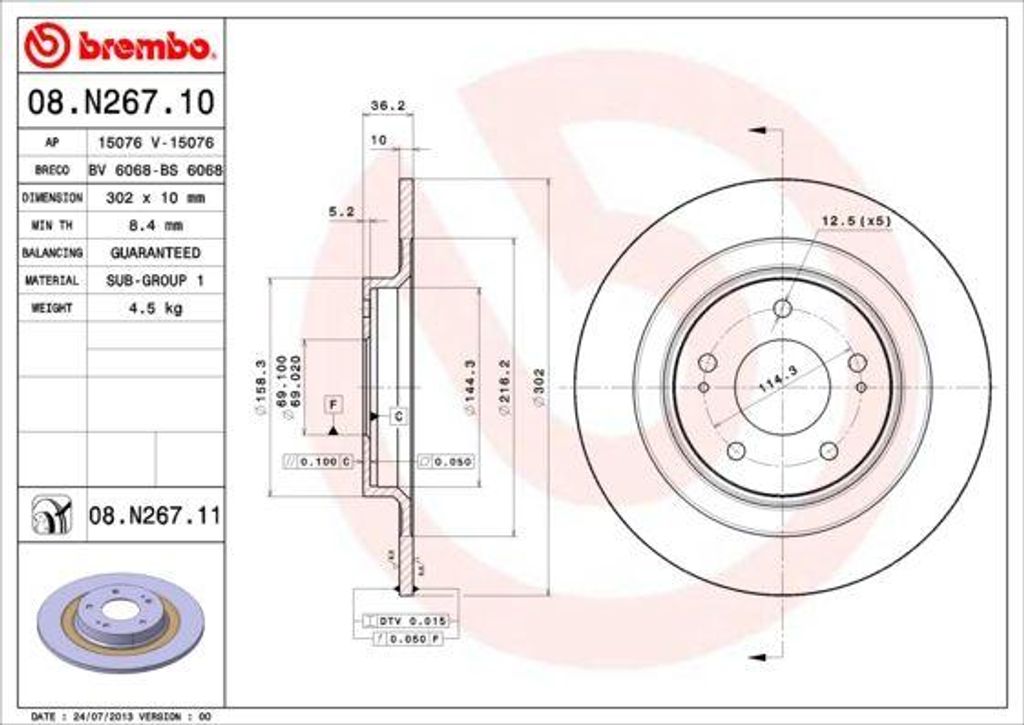 BREMBO 08.N267.11 Bremsscheibe OE 1609901080 kompatibel mit 4008, Outlander, Eclipse, ASX, C4