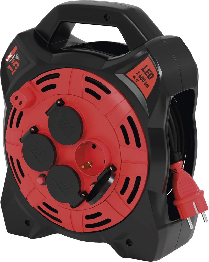 EMOS Kabeltrommel mit LED-Strahler, 15m Outdoor-Kabelbox Schuko und 20W Fluter, Neopren-Gummikabel H07RN-F, IP44 wasserdicht, P08215