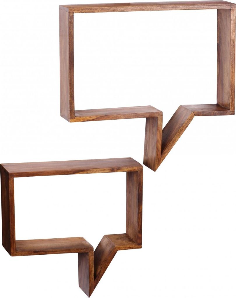 Two wooden shelves shaped like speech bubbles, displayed against a white background.