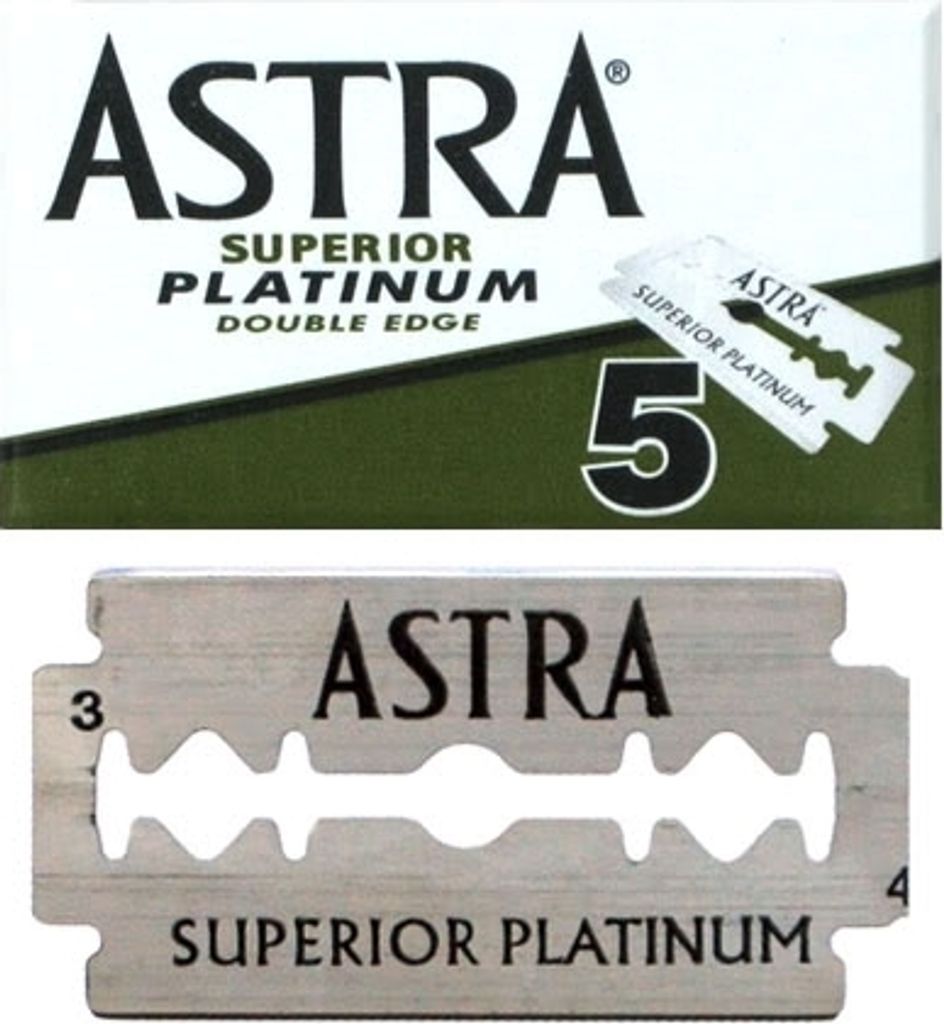 Astra Superior Platinum double edge razor blades are shown in packaging and as a single unit.