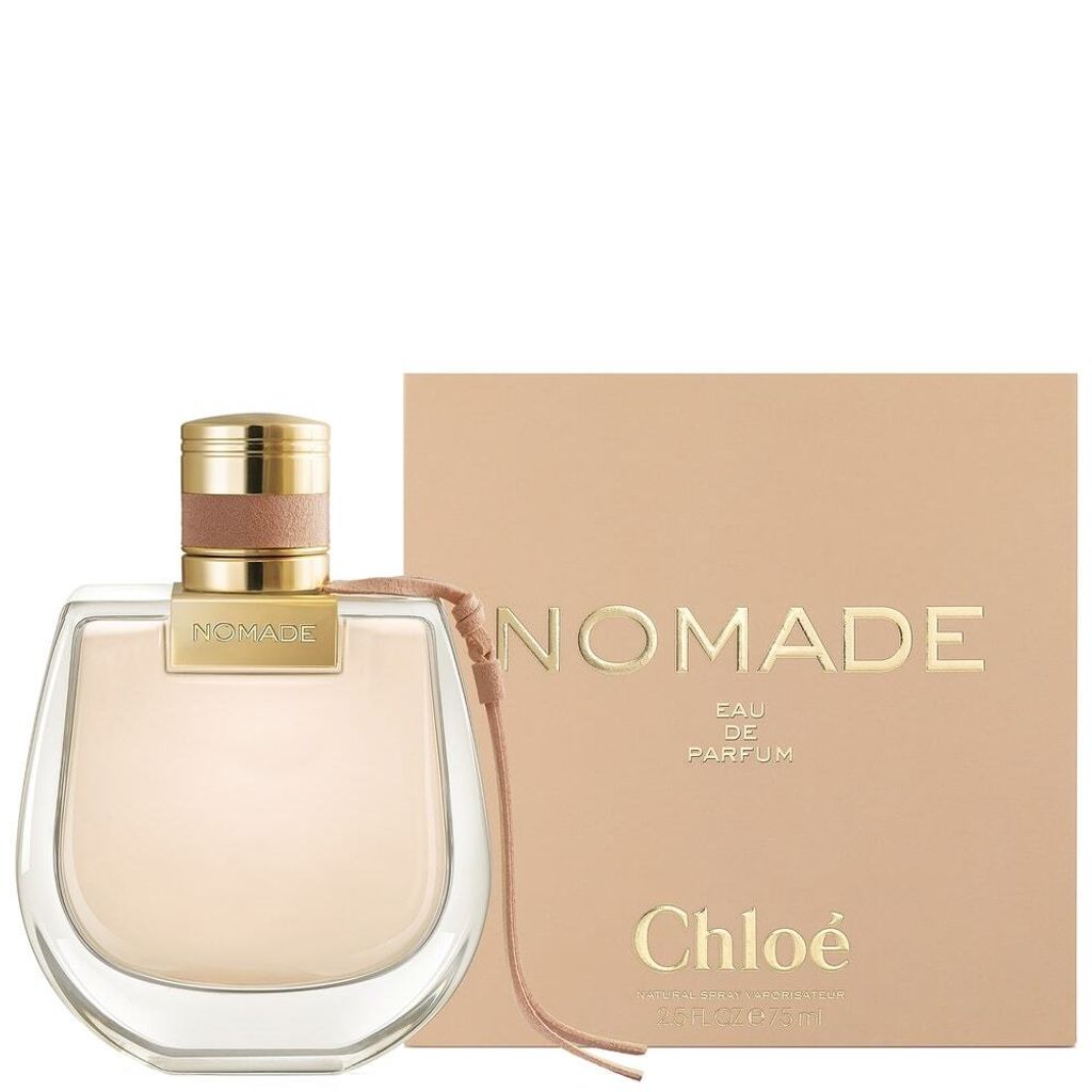 A bottle of Chloé Nomade Eau de Parfum and its packaging are displayed against a white background.