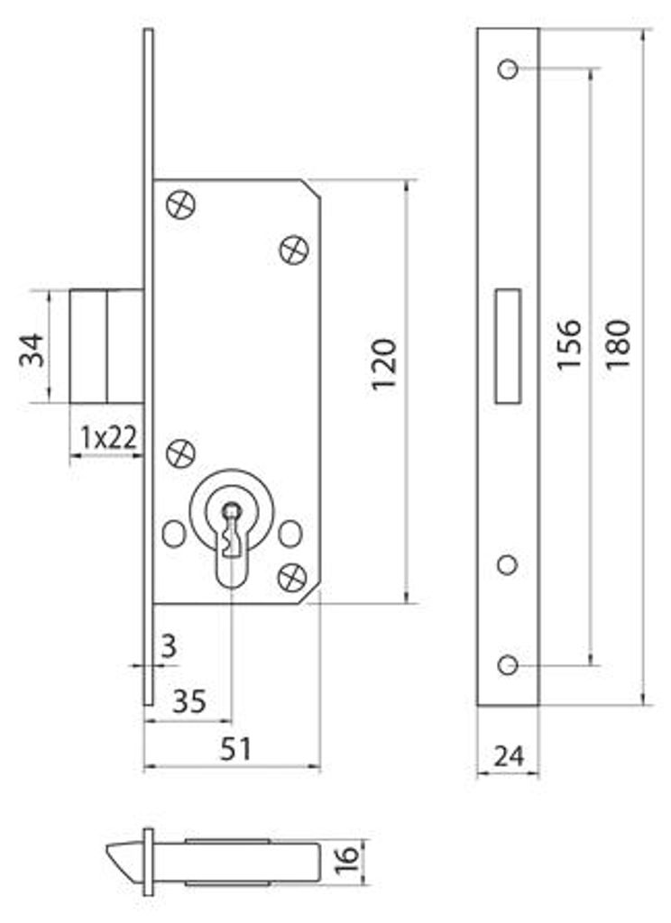 Metalplast-Częstochowa MC-35S ECO Zusatzschloss Edelstahl, Stirnfläche 24 mm, Profilzylinder