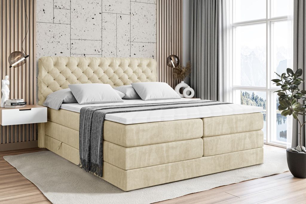 ALTDECOR Boxspringbett mit 2 Matratzen und Topper - 160x200 cm - BOXI8 KING - Beige Samt - Polsterbett mit, H3- und H4- Matratzen, Bettkasten und L...