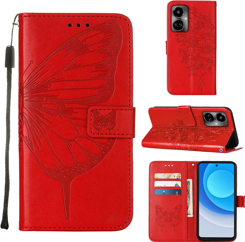 Custodia Tecno Camon 19 Anti-Urto - Pelle PU Rossa con Stand e Carte
